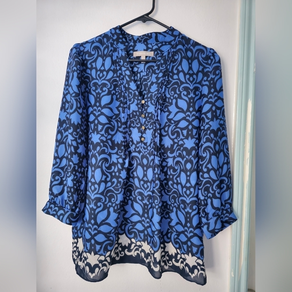 Banana Republic Blue Damask Print Popover Top Blouse Small - Picture 3 of 13